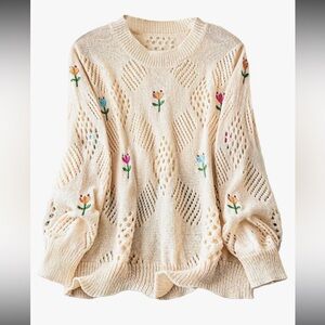 SHEIN Women's Crochet Floral Embroidered Crew Neck Eyelet Knitted Sweater